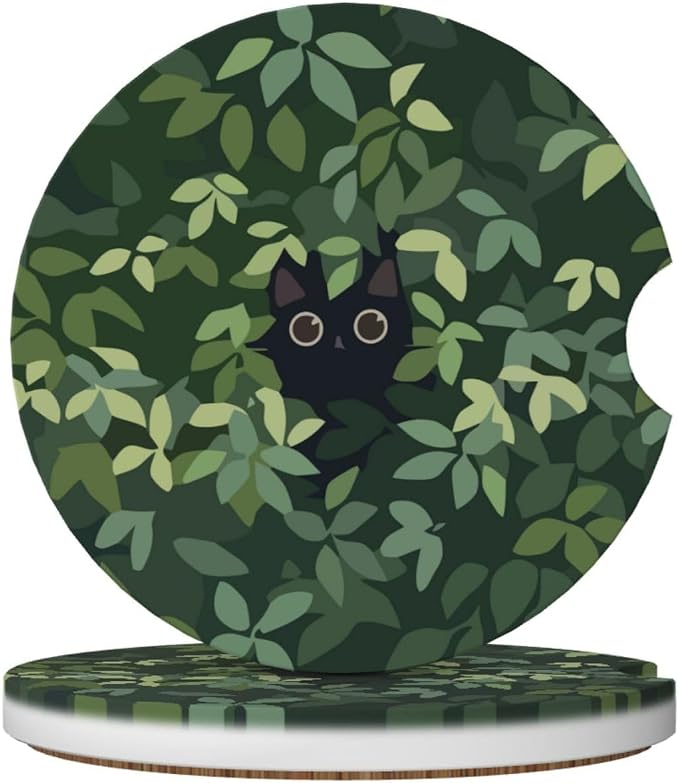 Cat in The Meadow Car Coasters for Cup Holders,2 Pack Car Cup Holder Coasters for Car,Ceramic Absorbent Car Coaster with A Finger Notch and Cork Base,Car Interior Accessories for Women Men