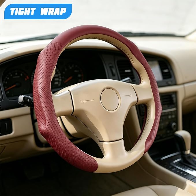 Car Steering Wheel Cover, Comfortable Grip Non-Slip Breathable Vehicle Steering Wheel Protector, Automotive Interior Decoration Accessories, Universal Fit (Red)