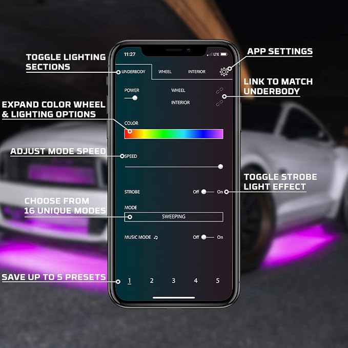 LEDGlow Bluetooth 4pc Million Color LED Car Underglow Lighting Kit | Underbody Neon Accent Lights Include Smartphone App, Color Wheel, Modes, Courtesy Lights & More