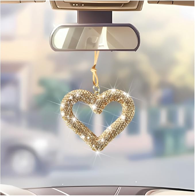 Mandark Bling Heart Car Hanging Accessories, Crystal Rhinestone Vehicle Rear View Mirror Charm Pendant Ornaments, Cute Diamond Auto Interior Hanger Decoration for Women Girls（Golden）