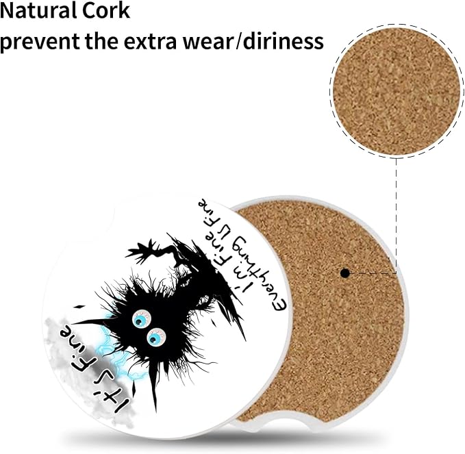 Car Coasters 2 Pack, Small 2.56" Ceramic Stone & Non-Scratch Cork Base Car Cupholder Absorbent Coaster Set for Women/Men Drink Cup Holder Coasters (I'm Fine Cat) BD-10