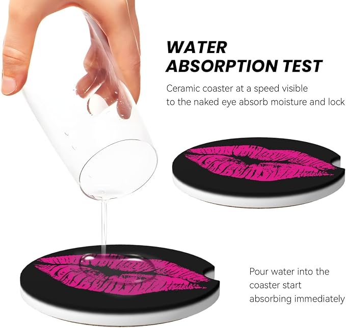 80s Hot Pink Kiss Lips Absorbent Ceramic Car Coasters 2 Pack Round Insert Cupholder Coaster Car Cup Holder Mat with Finger Notch Anti-Slip Cork Base Reusable Drink Coasters 2.56 in