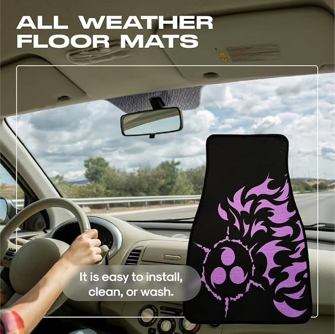 Anime Car Carpet Mat Set of 2 Front, Black Cursedm Design Automotive Accessories Interior All Weather Floor Mats Decor with Non Slip Black Anti Skid Backing