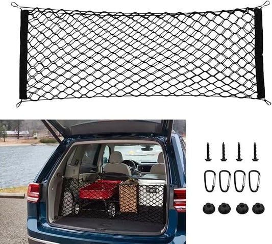 35.4” x 15.7” Cargo Net Trunk Bed Extender, Envelope Mesh Truck Bed Organizer Car Exterior Accessories, Universal Elastic Trunk Storage Net with Metal Hook