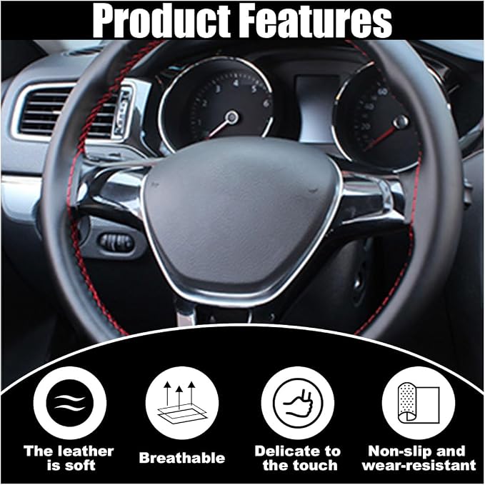 Car Genuine Leather Steering Wheel Cover, DIY Sewing with Needle and Thread, Breathable, and Anti-Slip, Universal 15 Inch Car Steering Wheel Stitching Wrap (Black Red, Glossy)