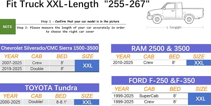 Truck Cover Waterproof All Weather, Full Outdoor Pickup Rain UV Protection and Durable, Fit for Chevy Silverado,Dodge Ram 1500, Ford F-250 F-350, Gmc Sierra ect (Fit Truck XXL-Length 255 to 267 inch)