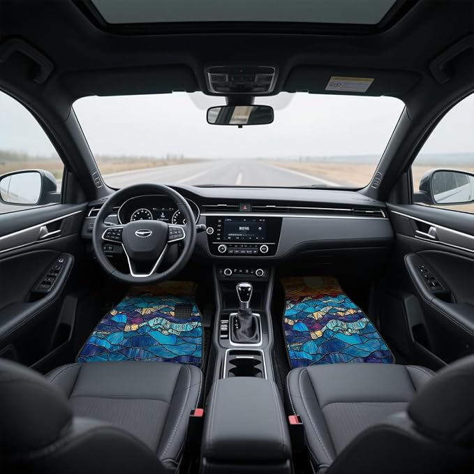 Stained Glass Car Floor Mats Set of 4 Abstract Sunset Ocean Mosaic Art Automotive Car Floor Carpets Non-Slip Auto Car Accessories Universal Fit for Car SUV Truck Van