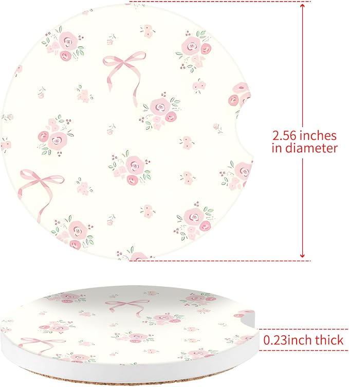 Vintage Flowers Car Coasters,Absorbent 2 Pack for Cup Holders with Finger Notch,2.56 inches Ceramics Heat Resistant Anti Slip Cork Base Car Drinks Coasters Auto Cup Holder
