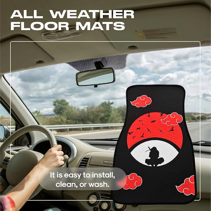 Anime Car Carpet Mat Set of 2 Front, Black Uchha Design Automotive Accessories Interior All Weather Floor Mats Decor with Non Slip Black Anti Skid Backing