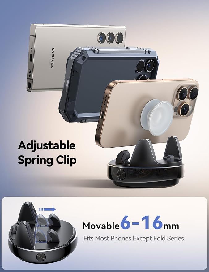 JOYROOM Car Phone Holder Mount, 360 Degree Rotation Dashboard Phone Holder | 30°Vertical Adiustment, Anti-Slip Grip & Adjustable Spring Clip Phone Holder for Car, Compatible with Smartphones, GPS Device