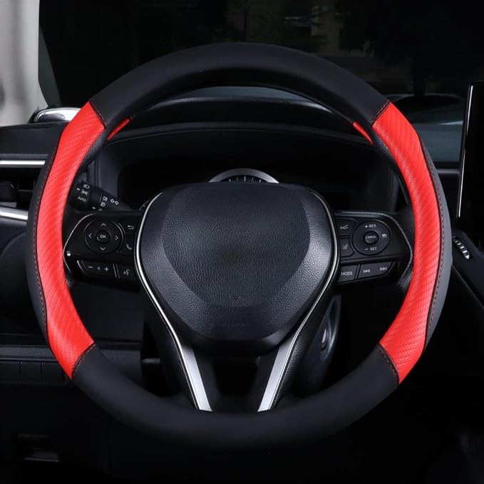 Steering Wheel Cover Red- Premium Perforated Carbon Fiber Leather Sport Wrap with Odorless Rubber Non-Slip Inner, Universal Fit for Cars Trucks SUVS - 15 Inch (Red)