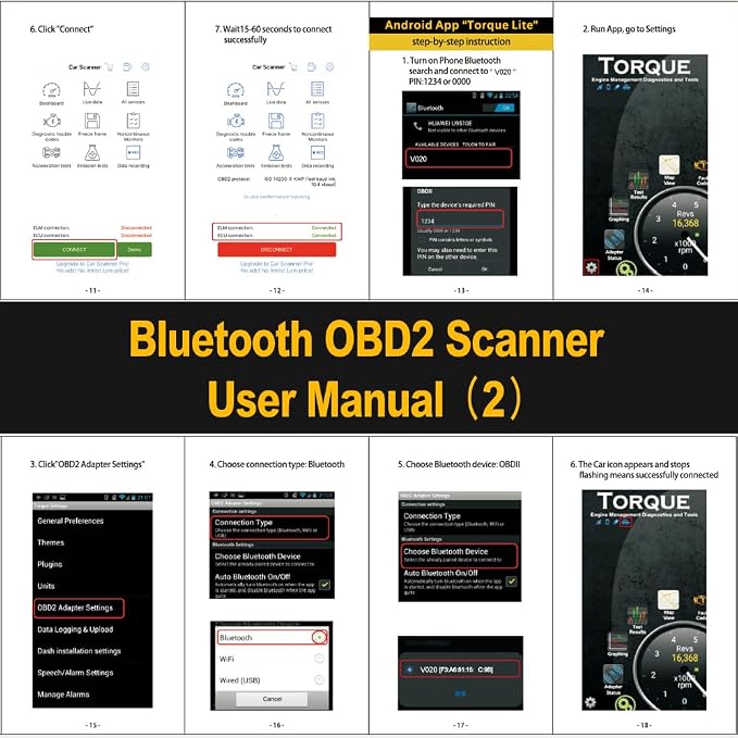 Car OBD2 Scanner Bluetooth for iPhone iOS Android OBDII Diagnostic Scan Tool Code Reader for Error Code Clear Braking Performance Test