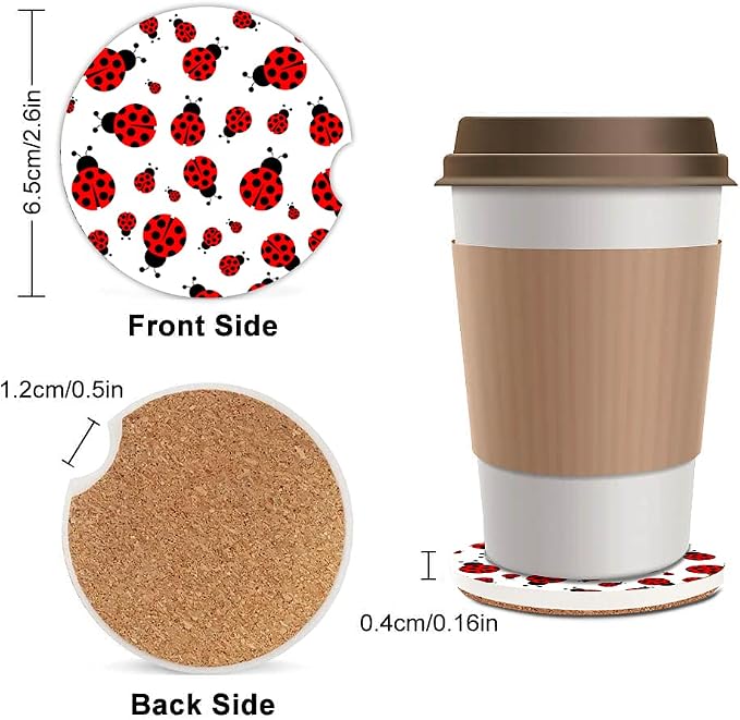 2 Pack Absorbent Car Coasters for Cup Holders,Red Ladybug Ceramic Coasters with Cork Back and Finger Slot,Cute Cupholder Accessories to Keep Your Car Cup Holders Clean and Dry 2.56"