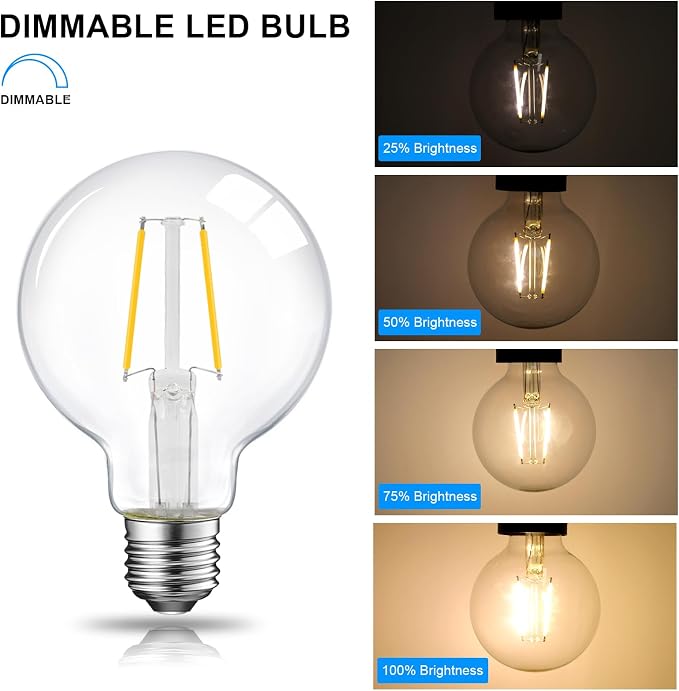 E ENERGETIC LIGHTING Dimmable LED Edison Light Bulb, G25 (G80) Globe Bulb, 60W Equivalent, 3000K Warm White, Christmas Light, E26 Standard Base, ETL Listed, 6-Pack