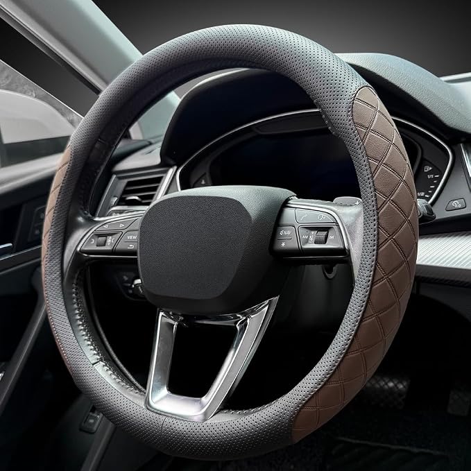 LKWLIKEI Nappa Leather Steering Wheel Cover,Elegant Diamond Checkered Design, Non-Slip wear-Resistant, Enhance Driving Comfort, Suitable for Steering Wheel Diameter 14 1/2‘-15’ Models.Black Brown