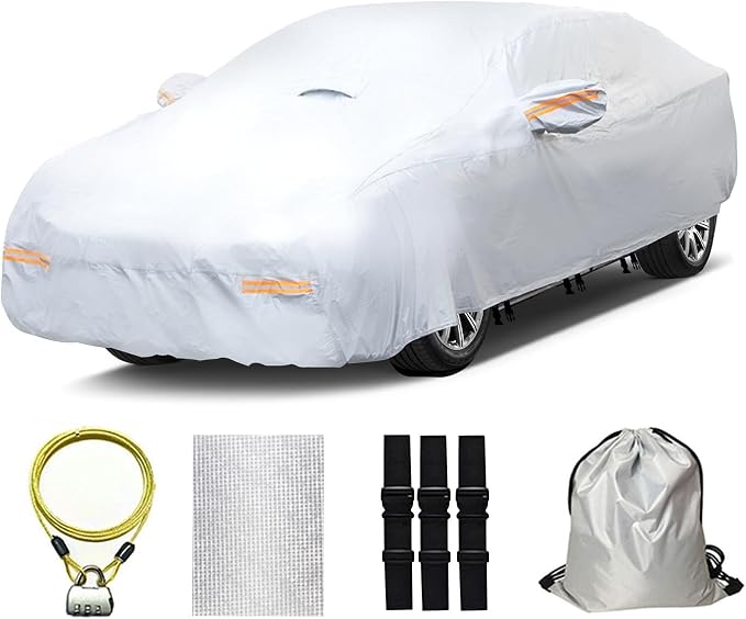 30 Layers Heavy Duty Car Cover for Automobiles All Weather Waterproof, Outdoor Snowproof UV Protection Windproof, Door Zipper, Soft Cotton Universal Car Covers (Silver, Fit Sedans 181"-190")