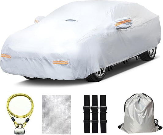 30 Layers Heavy Duty Car Cover for Automobiles All Weather Waterproof, Outdoor Snowproof UV Protection Windproof, Door Zipper, Soft Cotton Universal Car Covers (Silver, Fit Sedans 181"-190")