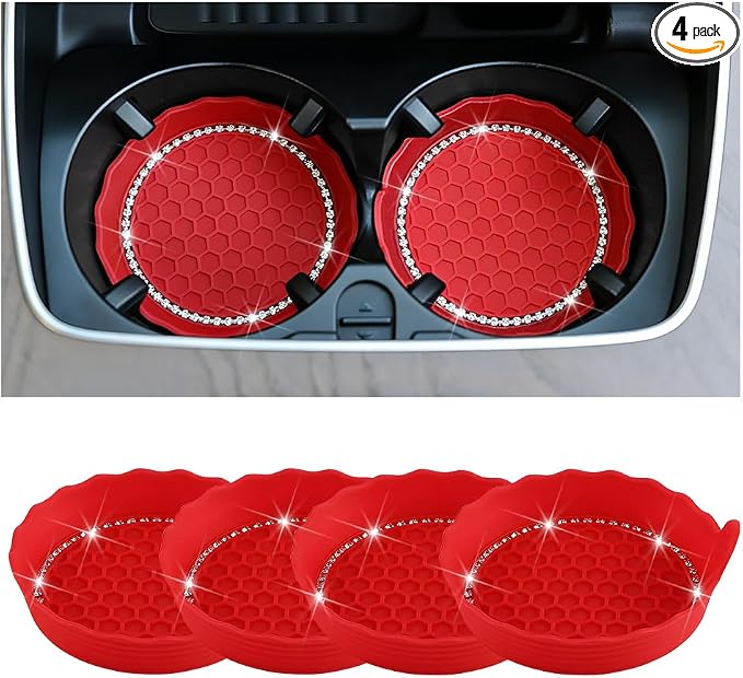 HZEL 4PCS Bling Car Cup Holder Coaster, Shiny Crystal Rhinestone Silicone Dustproof Drink Cup Insert Pad, Dazzling Automotive Interior Water Bottle Holder Embedded Mat, Universal Fit (Red)