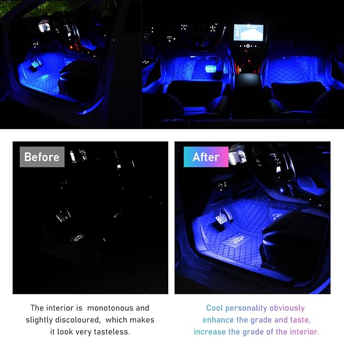 Ohleats Car LED Strip Light, 24 LED RGB Auto Interior Atmosphere Lights, USB Vehicle Under Dash Ambient Night Light Strip, Interior Decorative Lamp Lighting Kit Car Accessories (Blue)