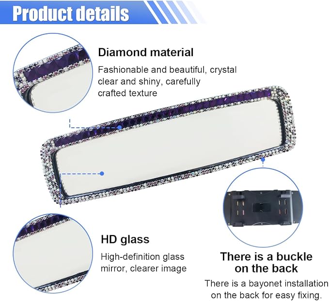 Bling Car Rear View Mirror, Clip-On Rhinestone Car Rearview Mirror with Crystal Diamonds, HD Glass Auto Interior Rear View Mirror, Car Decoration Accessories for Women Men Teens (Purple)