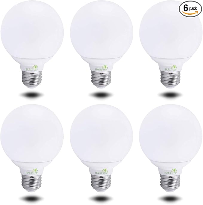 Bioluz LED G25 Globe Vanity Light Bulbs, 60W Equivalent, 2700K Warm White, 90 CRI, 450 Lumens, Dimmable, E26 Base – Bathroom Mirror Lighting 6 Pack