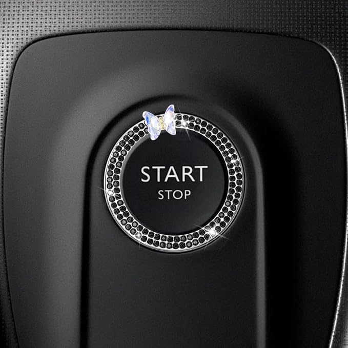 Bling Butterfly Car Engine Push Start Button Ring Sticker (Black) | Crystal Rhinestone Auto Key Ignition Knob Ring Emblem, Sparkling Auto Interior Decoration Accessories for Women