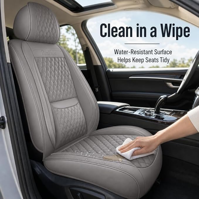 Gray Thick Nappa Leather Automotive Front Car Seat Covers Set of 2 | Univerasal Precision Fit,Lumbar Support,3D Contoured,Semi Coverage,Waterproof,ThickTexture,for most Suvs Trucks Sedans