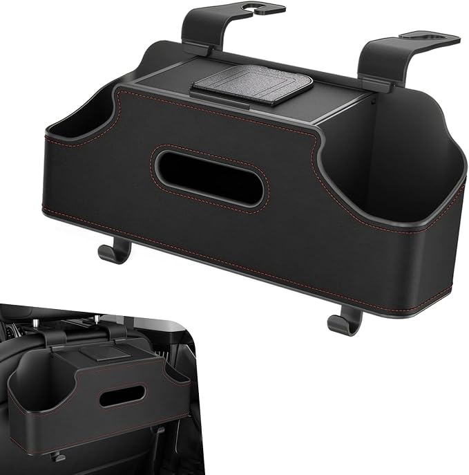 1 PC Backseat Organizer with Dual Cup Holder, Multi-function Tissue Hanging Box and 2 Hooks, Extra Rear Seat Road Trip Storage Accessories, Universal for Most Cars, Trucks, SUVs (Black)