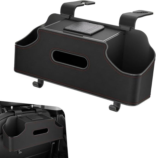 1 PC Backseat Organizer with Dual Cup Holder, Multi-function Tissue Hanging Box and 2 Hooks, Extra Rear Seat Road Trip Storage Accessories, Universal for Most Cars, Trucks, SUVs (Black)