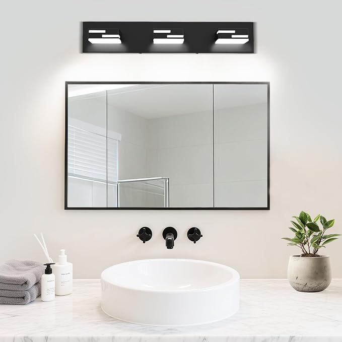 LED Modern Bathroom Vanity Light Fixtures, Dimmable Matte Black Vanity Lights for Bathroom Lighting Fixtures Over Mirror, with 360° Rotatable Acrylic Heads 3-Light 22-inch (Cool White 6000K)
