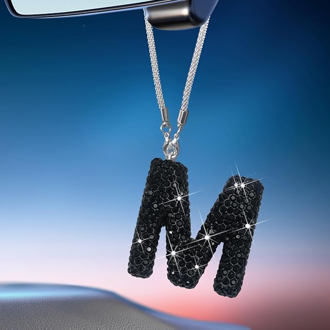 Letter M Bling Black Car Accessories Interior for Women, Interior Charm Rear View Mirror Cute Crystal Pendant Car Decorations for Men, Lucky Gifts Diamond Rhinestone