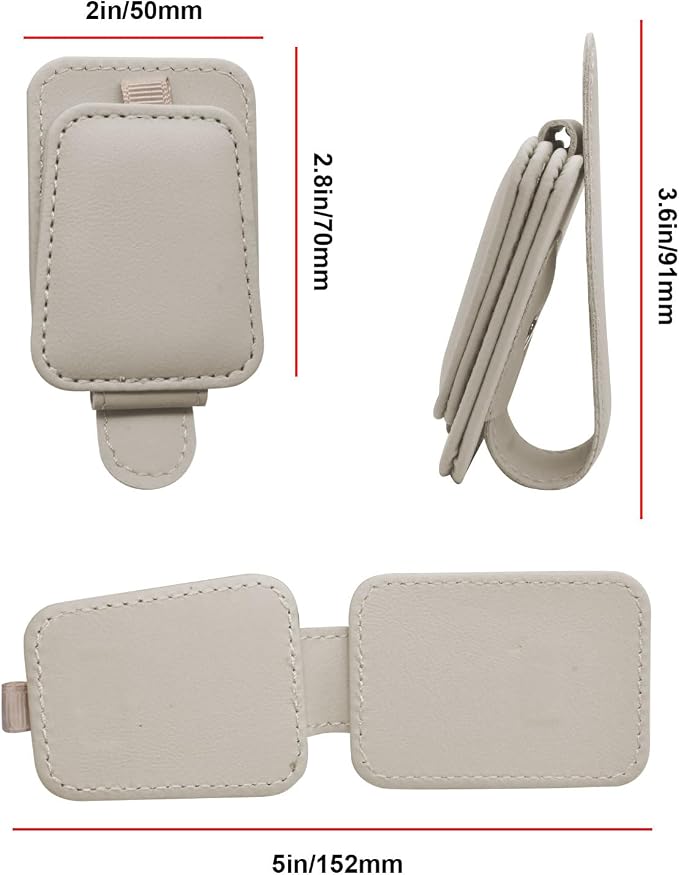 2 Pack Magnetic Leather Car Sunglass Holder, Beige | Leather Glasses Eyeglass Hanger Clip for Car, Sunglass Clip Glasses Holder for Car Visor