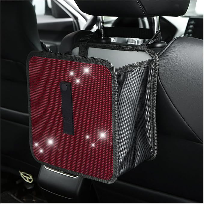 BELOMI Car Foldable Trash Can, Bling Rhinestone Crystal Auto Hanging Waterproof Leakproof Garbage Bin, Vehicle Waste Basket Dustbin, Multipurpose Car Organizer Accessories for SUV Truck RV (Red)