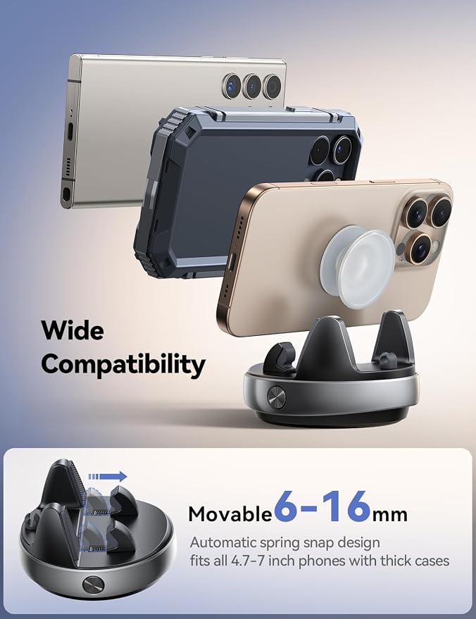 Car Phone Holder Mount, 360 Degree Rotation Dashboard Phone Holder, Silver | 30°Vertical Adiustment, Anti-Slip Grip & Adjustable Spring Clip Phone Holder for Car, Compatible with Smartphones, GPS Device