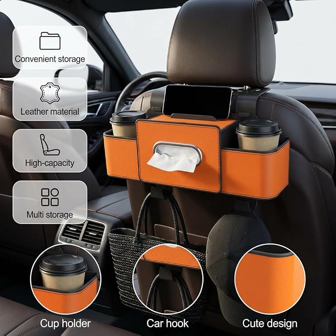 3-in-1 Backseat Car Organizer with Dual Cup Holders,Tissue Box & Phone Holder, 2026 Upgraded Car Seat Back Storage Box,Multifunctional Waterproof Storage for Daily Driving & Travel,Orange