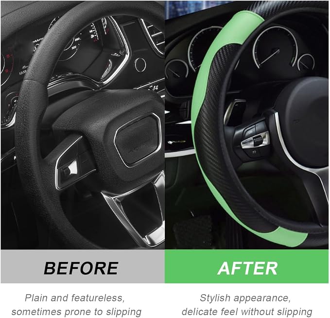 DXNQ Car Steering Wheel Cover, 15 Inch Carbon Fiber Leather Stitching Color Steering Wheel Protector, Anti-Slip Elastic Breathable Steering Wheel Cover Stylish Decor for Most Cars (Green)