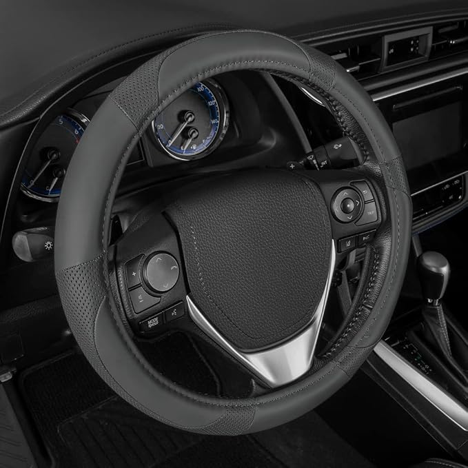 Motor Trend Perforated Microfiber Leather Steering Wheel Cover for Cars Trucks SUVs Vans, Sporty Racing Improved Grip Anti-Fatigue Ergonomic Design, Airbag Compatible - Fits Standard 15" Inch - Gray