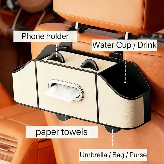 2 Pack 4-in-1 Car Backseat Organizer, PU Leather Headrest Storage Box with Tissue Holder, Dual Cup Holders, Phone Stand & Hooks, Universal Fit for Most Cars, Road Trip Essentials (Beige)
