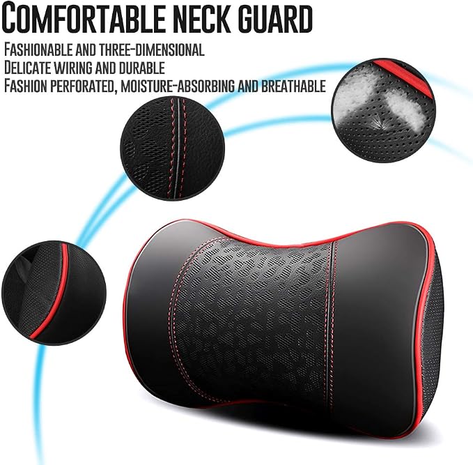 HAOTULE Car Leather Neck Pillows, Neck Rest Cushions,100% Memory Foam Cervical Support, Comfortable Travel car Seats and Home Office Soft Pillows, Red a Set (2 pcs)