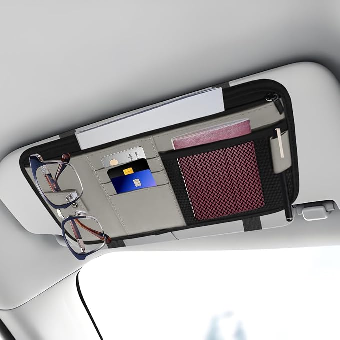 Car Sun Visor Organizer, PU Leather Automotive Visor Storage Pouch Holder with Multi-Pocket, Vehicle Interior Organizer Accessories for Sunglasses, Pen, Key, Phone, Cards, License(Gray)