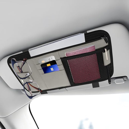 Car Sun Visor Organizer, PU Leather Automotive Visor Storage Pouch Holder with Multi-Pocket, Vehicle Interior Organizer Accessories for Sunglasses, Pen, Key, Phone, Cards, License(Gray)