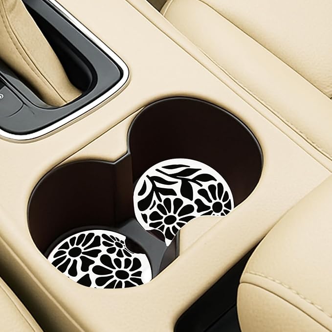 Ceramic Car Coasters – Absorbent Car Cup Holder Coaster Set for Women, Cute Aesthetic Car Accessories for Girls, 2 Pack (Onyx)
