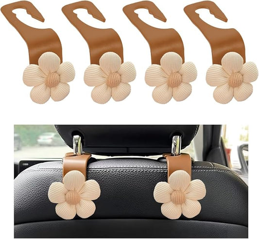 4 PCS Car Seat Headrest Hooks, Cute Flower Car Seat Back Organizer Bag Holder Hooks, Automotive Seat Hook Hanger Storage Organizer for Purse Cloth Grocery Bags, Car Accessories (White+Brown)