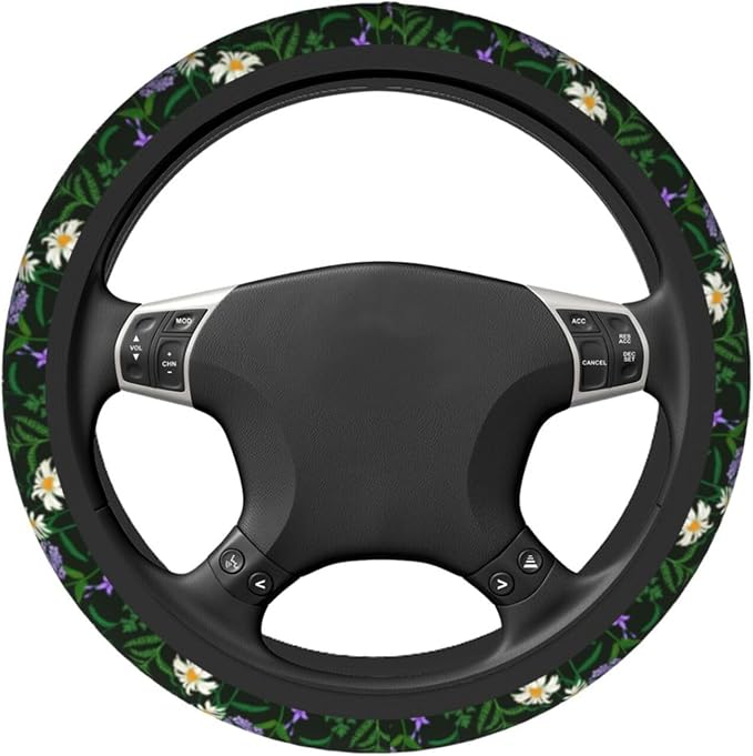 Floral Sage Green Daisy Steering Wheel Cover For Women Men Girls, Universal 15 Inch Anti Slip Steering Wheel Protector Car Accessories Interior For Auto Truck Suv
