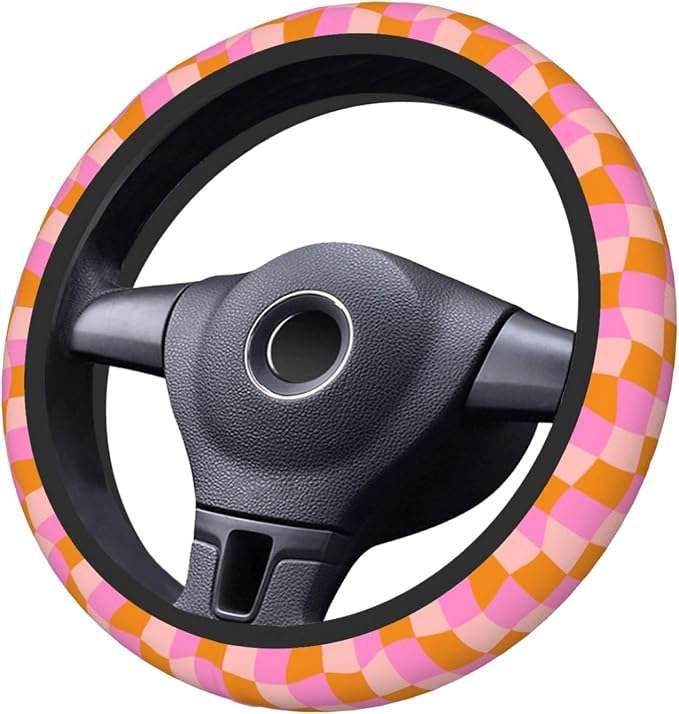 Groovy Checkered Abstract 70s Retro Steering Wheel Cover For Women Men Girls Car Accessories Decor Anti-Slip Neoprene Auto Steering Wheel Covers Protector Universal 15 Inch