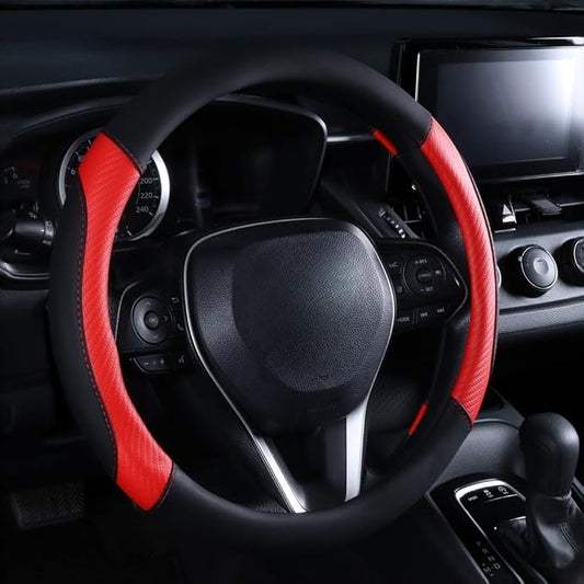 Steering Wheel Cover Red- Premium Perforated Carbon Fiber Leather Sport Wrap with Odorless Rubber Non-Slip Inner, Universal Fit for Cars Trucks SUVS - 15 Inch (Red)