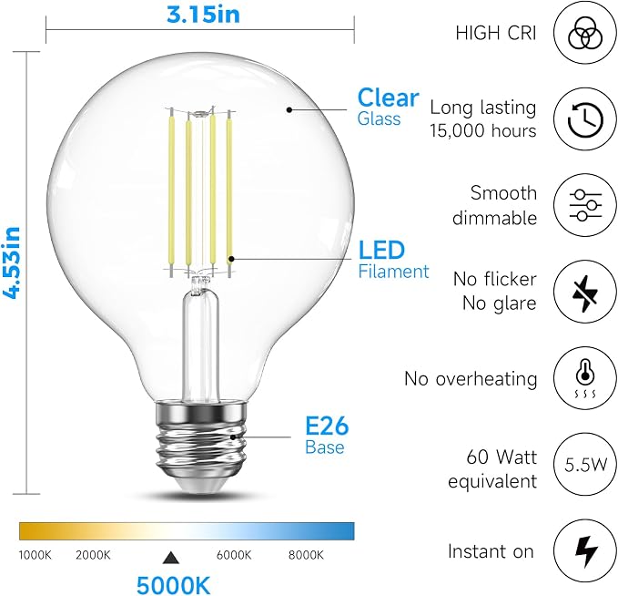 TJOY G25 Globe Light Bulbs, LED Edison Vanity Light Bulbs, Dimmable, 5000K Daylight White, 500 Lumens, 5.5W=60W, CRI80, Clear Vintage Filament Globe, E26 Base, 4 Pack