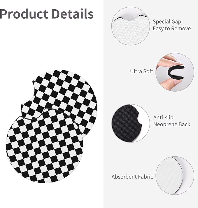 Racing Flag Steering Wheel Cover - Black and White Checkered Steering Wheel Cover Anti-Slip Breathable for 15 in Universal 2 Pcs Car Interior Cup Holder Pad for Men Women
