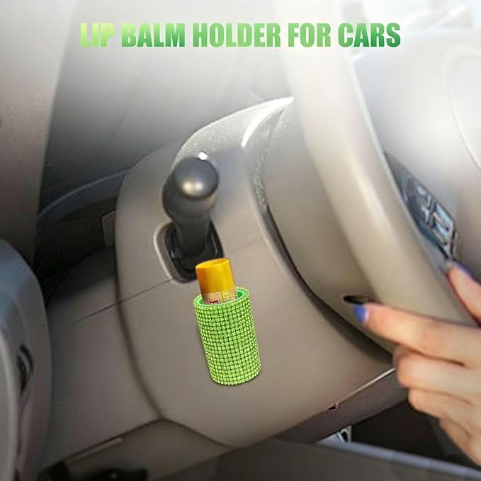 Upright Car Chapstick Holder, Bling Insulating Lip Balm Holder,Rhinestone Car Accessories for Women Interior ,Suitable for Most Vehicles. (Green)