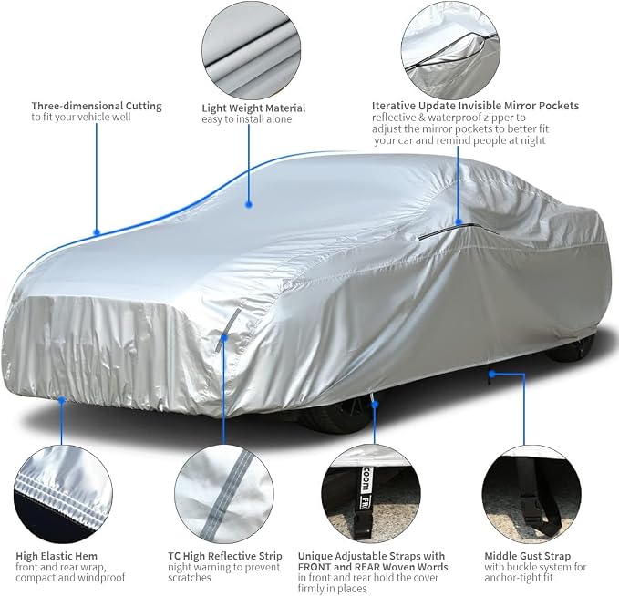 Tecoom Sport Car Cover Waterproof, All-Weather UV Windproof Hail Protector Light Shell Outdoor Full Exterior Cars with Door Zipper & Mirror Pockets for Coupe/Convertible/Sports, 183-193 Inches